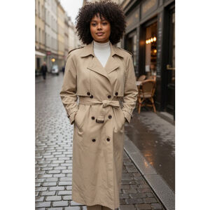Etienne Aigner Beige Trench Coat with Brown Accents, Size 12